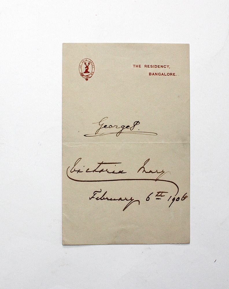 An Original Handwritten and Signed the Residency Bangalore India Letter by George V as Prince and His Wife Mary of Teck
