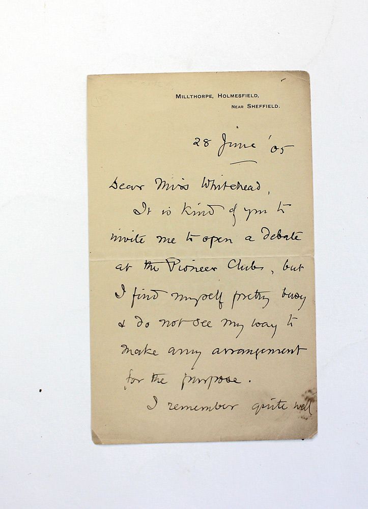 An Original Handwritten and Signed Letter by English Utopian Socialist Writer Edward Carpenter to a Member of the Pioneer Club.