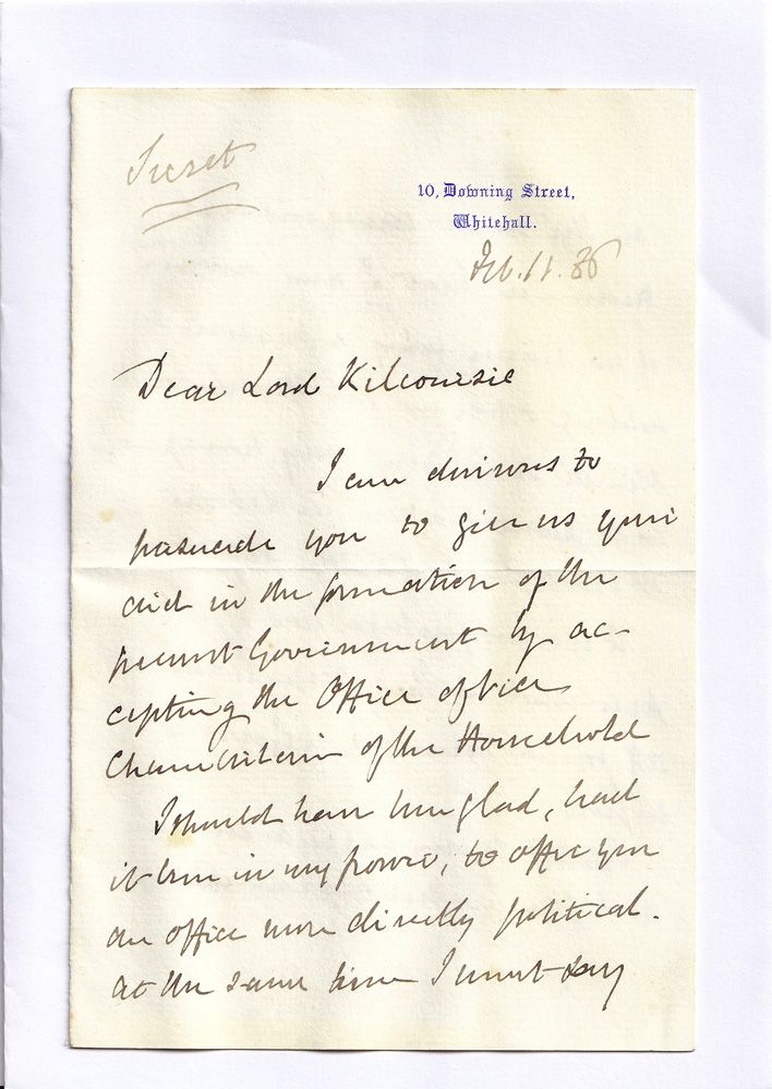 An Original Handwritten and Signed Personal 10 Downing Street Letter by Prime Minister William Gladstone to Viscount Kilcoursie Offering Him the Position of the Vice Chamberlain of the Household.