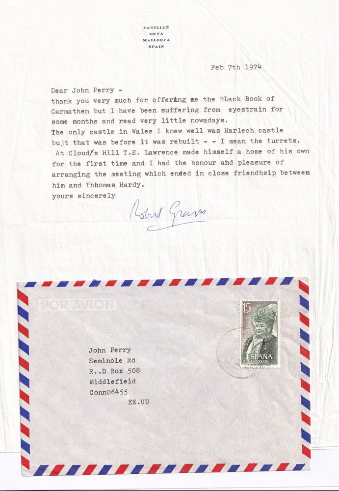 An Original Typed and Signed Letter/Envelope by the Writer Robert Graves. A wonderful letter about how he introduced T E lawrence to Thomas Hardy at Clouds Hill.
