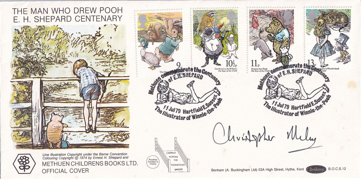 An Original First Day Cover Signed by Christopher Milne (Christopher Robin) Celebrating the Centenary of the Birth of Ernest Shephard Who Illustrated the Winne the Pooh books for A. A. Milne