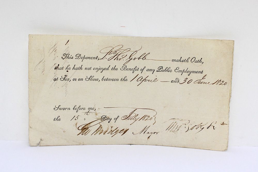 An Original Handwritten/Signed a pre-printed attestation completed in manuscript by the Mayor and George Bridges by Thomas Goble a Lieutenant and naval signaller who fought at the Battle of Trafalgar