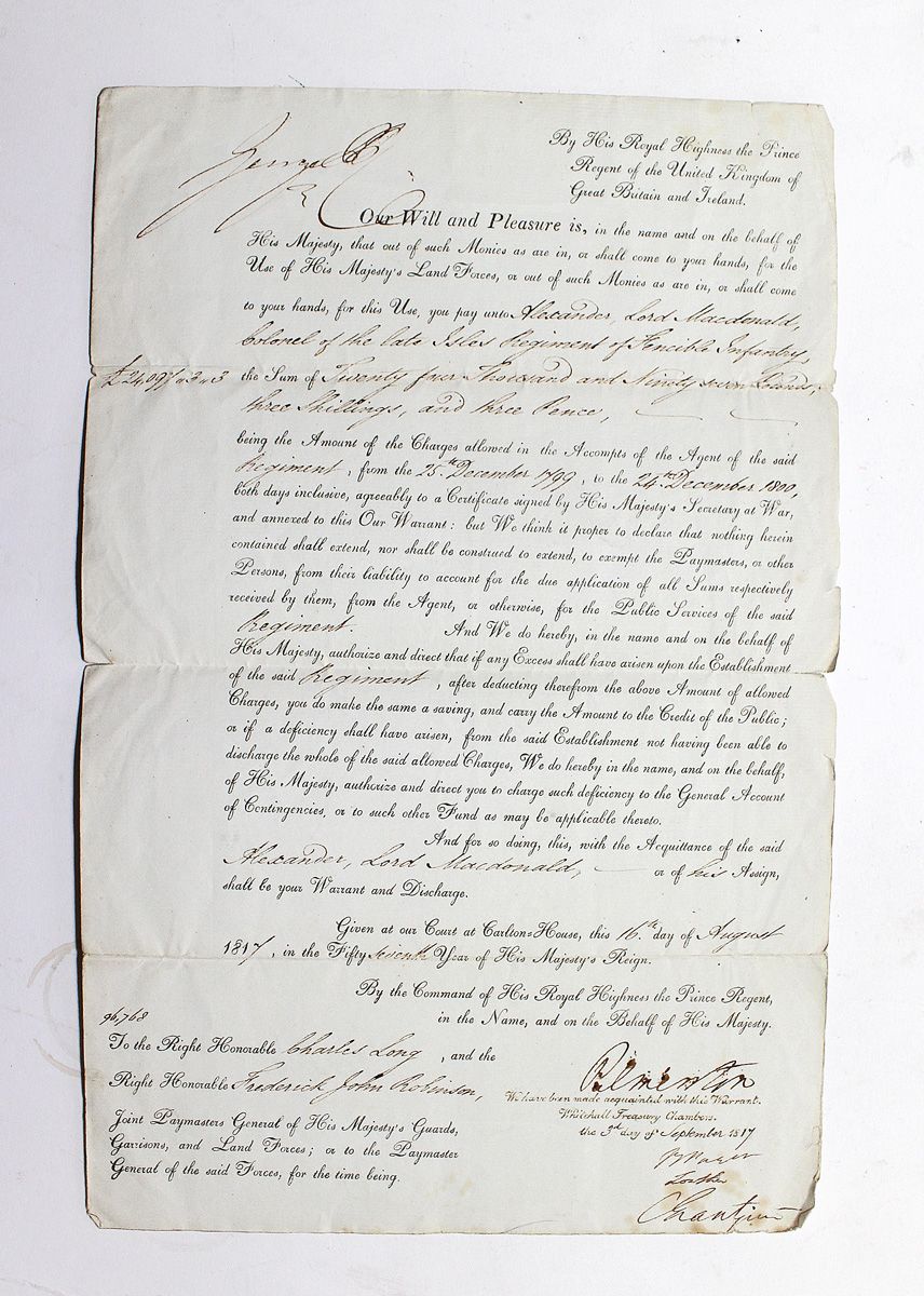 An Original Printed and Handwritten Legal Document Signed by &#39;George IV&#39; as Prince Regent and Viscount Palmerston addressed to Rt Hon. Charles Long and Rt Hon. Frederick John Robinson, Joint Paymaster