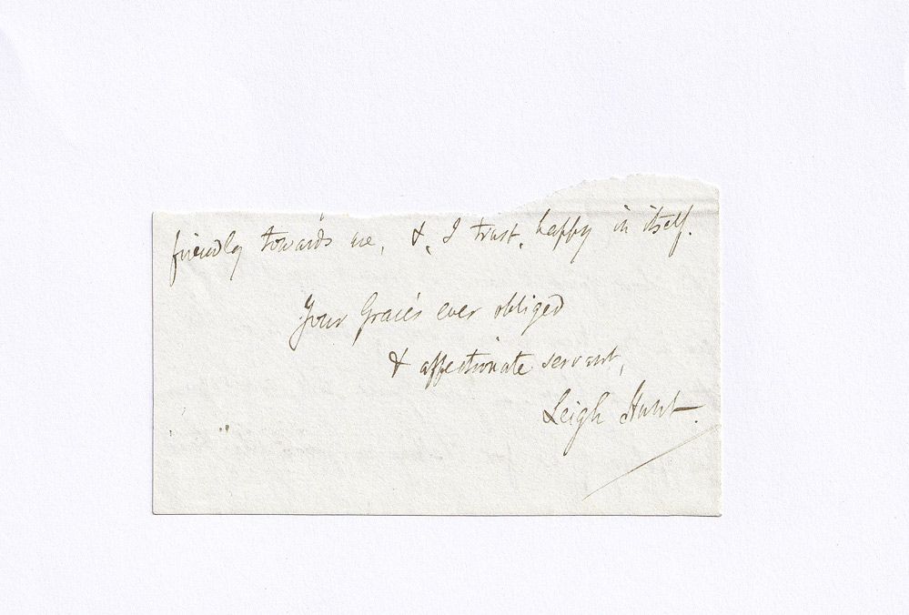 An Original Handwritten and Signed Part Letter by Poet Leigh Hunt to the 6th Duke of Devonshire.  Written to the 6th Duke of Devonshire.