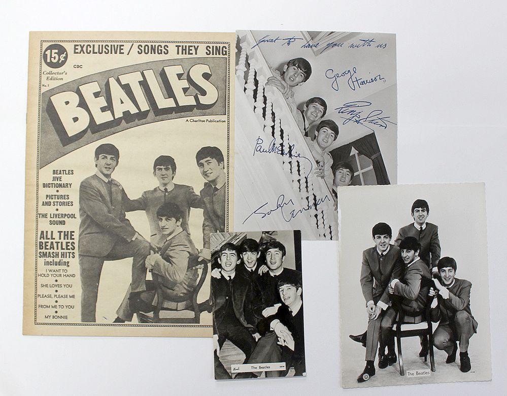 A Small Collection of Three Original Photograph Postcards and a Magazine of the Beatles. All circa 1963/1964.  Pre-printed signatures on one photograph.
