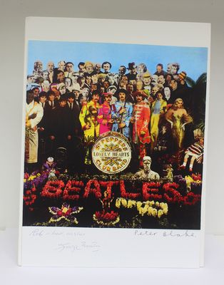 An Original Beatles Sgt Pepper’s Album Picture Handwritten and Signed by Artist Sir Peter Blake and Beatles Record Producer Sir George Martin.