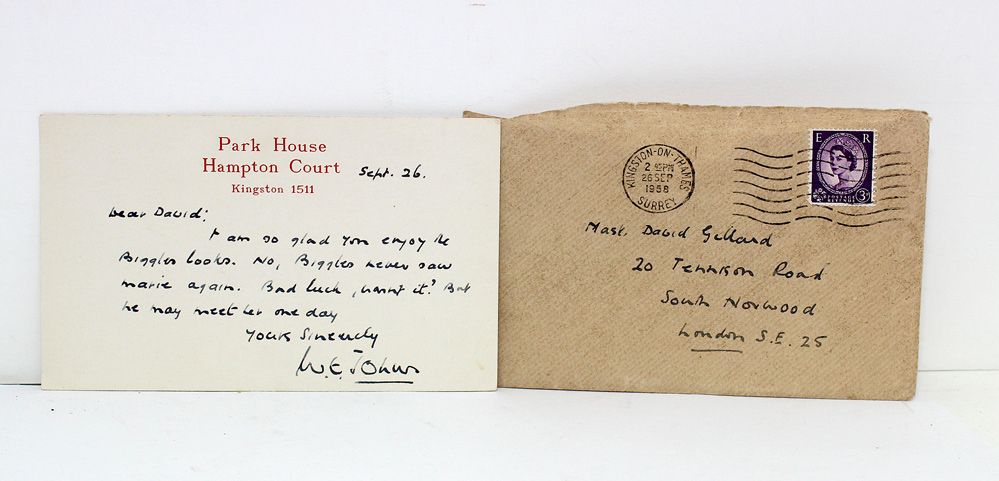 An Original Rare Handwritten and Signed Card/Envelope by Biggles Writer W E Johns to David Gillard MBE.