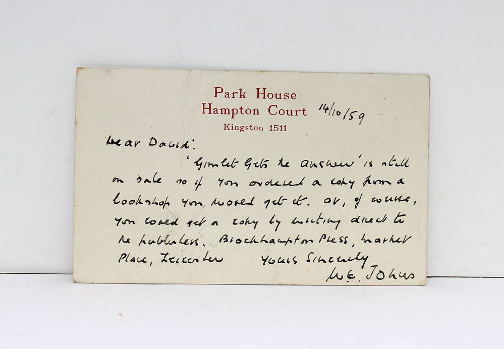 An Original Rare Handwritten and Signed Card by Biggles Writer W E Johns to David Gillard MBE