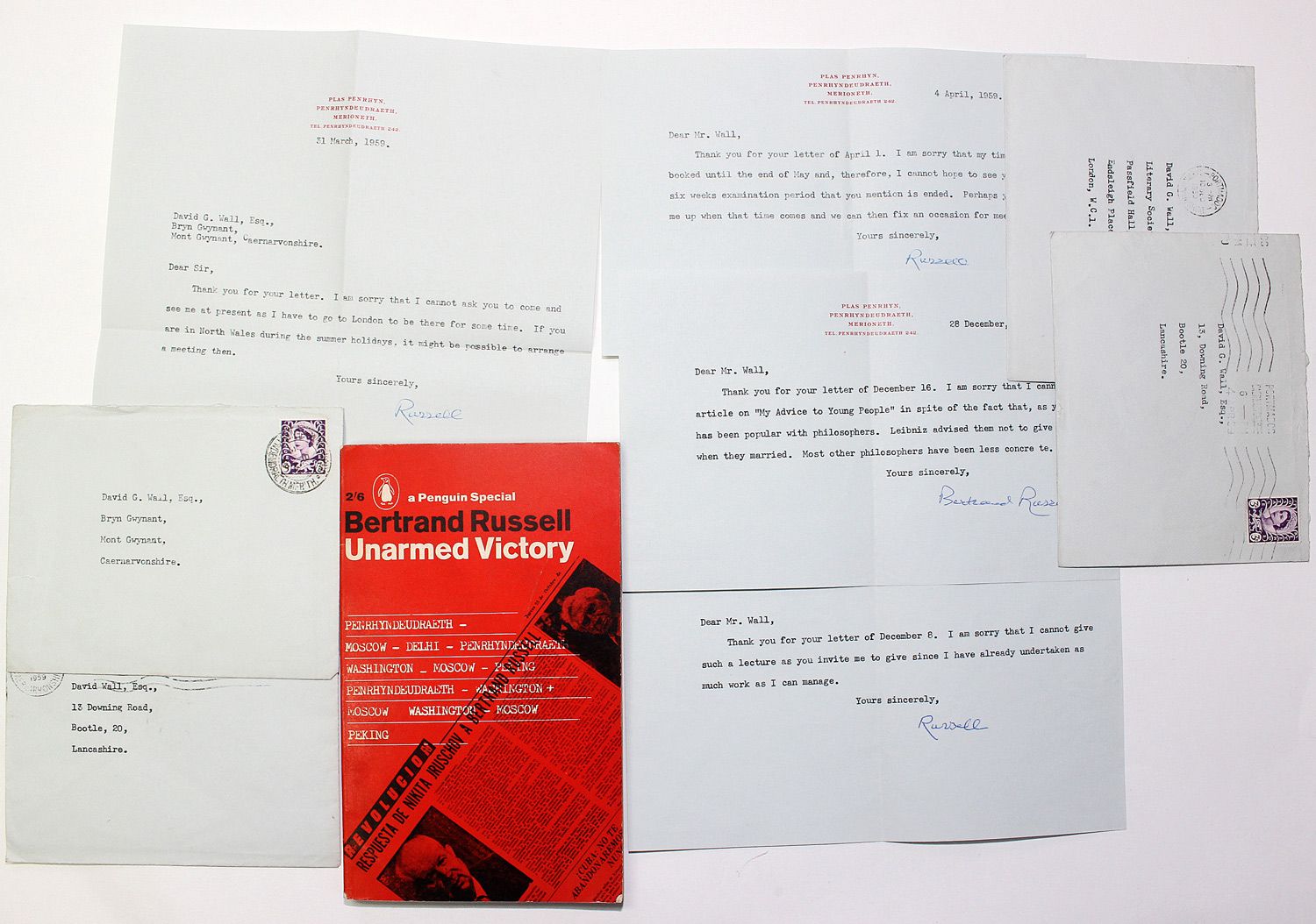 A Signed Unarmed Victory and a series of 4 Typed Letters Signed, ‘Russell’ and ‘Bertrand Russell’, Plas Penrhyn, Penrhyndeudraeth, Merioneth, 31 March to 28 December 1959, all to David Wall.
