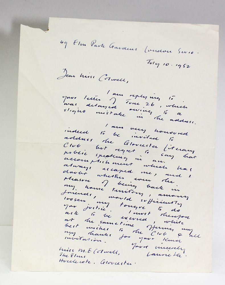 An Original Handwritten Letter and Signed by Writer Laurie Lee.