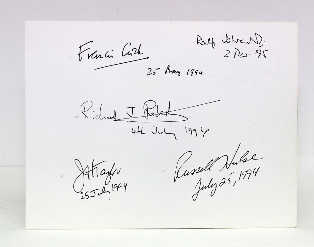 An Original Handwritten and Signed Page by Famous Nobel Prize Winning Scientists. Includes Francis Crick, Richard J. Roberts, J. Herbert Taylor, Russell Alan Hulse and One Other (Ralph  ????)