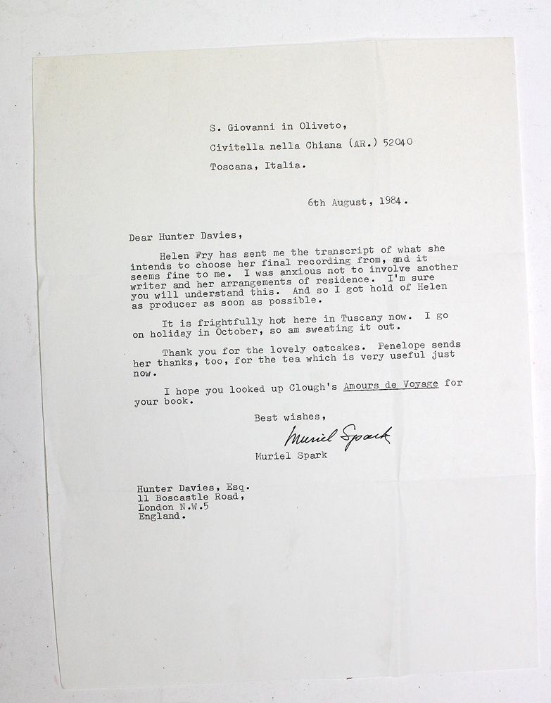 An Original Typed and Signed Letter by Writer Muriel Spark to Hunter Davis