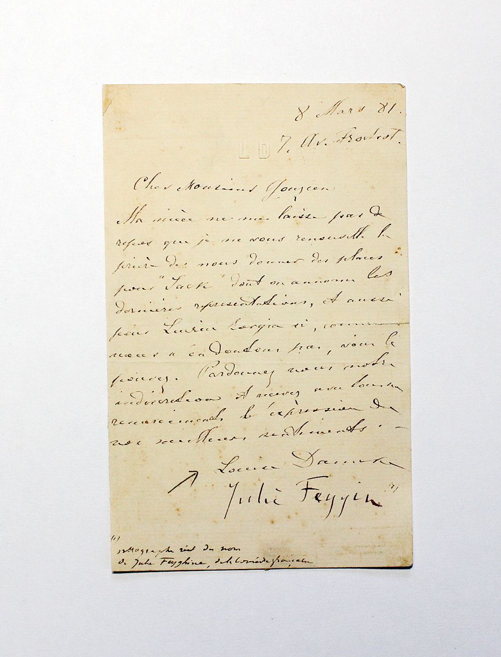 An Original Rare Handwritten and Signed Letter by French Actress Julie Feyghine.