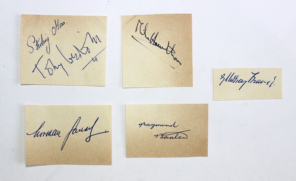 Six Original ink signatures of the 1950’s Sunbeam Talbot Alpine Car Rally Racing Drivers including Mike Hawthorn, Stirling Moss, Tony Weston, G. Murray Frame, Norman Garrad and Raymond Baxter.
