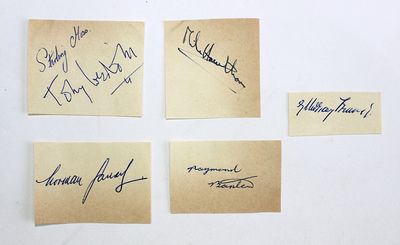 Six Original ink signatures of the 1950’s Sunbeam Talbot Alpine Car Rally Racing Drivers including Mike Hawthorn, Stirling Moss, Tony Weston, G. Murray Frame, Norman Garrad and Raymond Baxter.