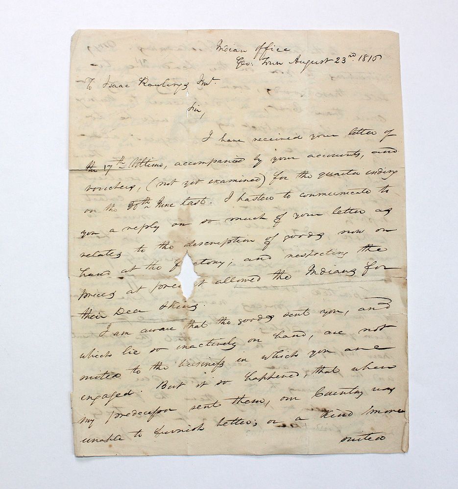 An Original Handwritten and Signed Letter the Indian Office Georgetown Washington DC Thomas from Thomas Loraine McKenney Superintendent of Indian trade to Issac Rawlings junior at Chickasaw Bluffs