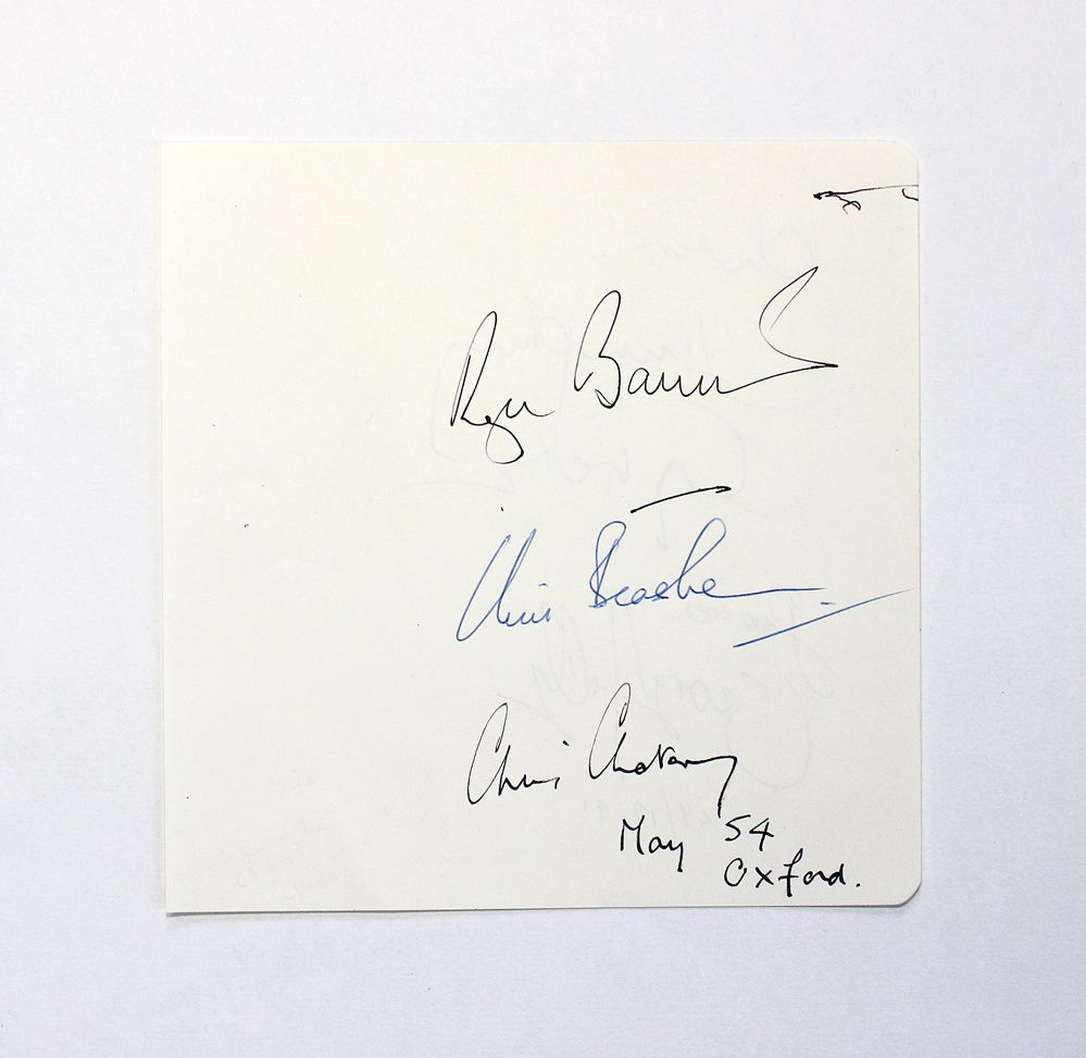A Page from an Autograph album Handwritten and Signed by Roger Bannister, Christopher Chataway and Chris Brasher who were involved in breaking the 4 Minute Mile Barrier