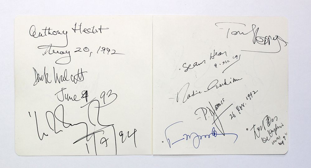 2 Pages With 8 Signatures by some of the greatest Writers Including Derek Walcott, Seamus Heaney, Wole Soyinka, Nadine Gordimer, Toni Morrison, Kenzaburō Ōe, P D James, Tom Stoppard and Antony Hecht.