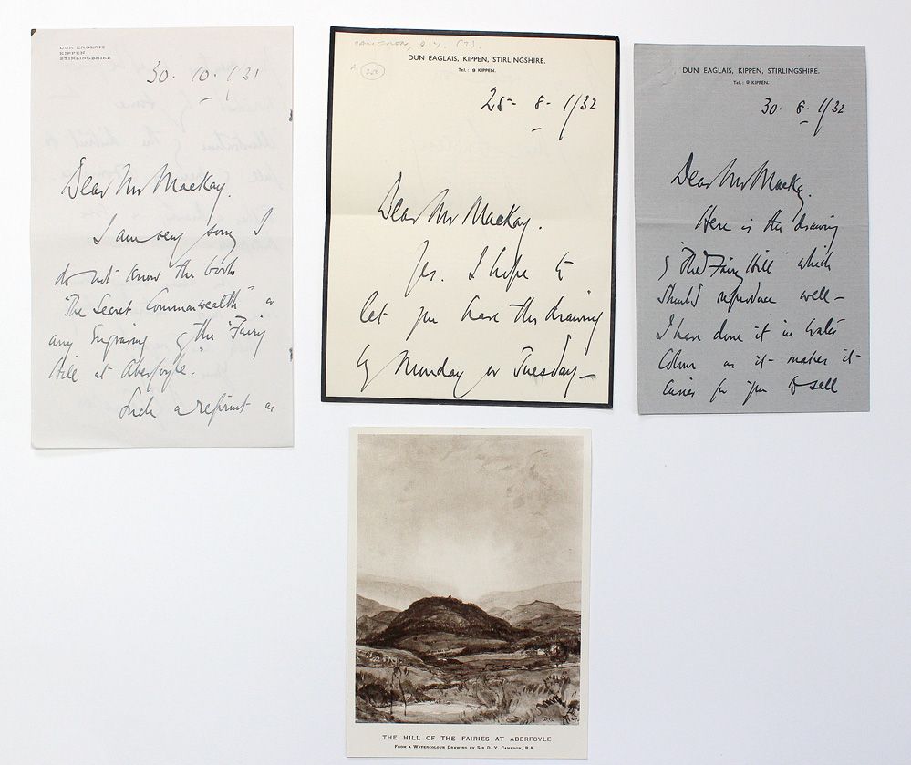 Three Original Handwritten and Signed Letters by Scottish Artist Sir David Young Cameron Discussing the Hills of the Fairies at Aberfoyle