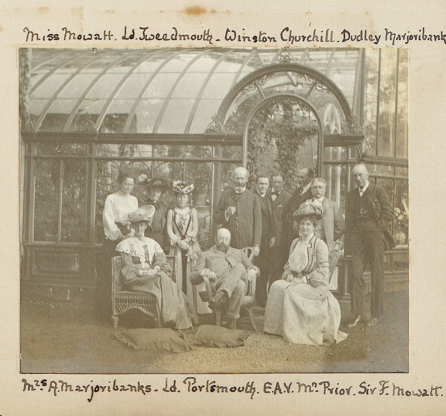 An Original Rare Early Photograph of Winston Churchill and Various members of His Family and Friends.  These include Sir Francis Mowatt, Miss Mowatt, Lord Tweedmouth, Dudley Major Banks,