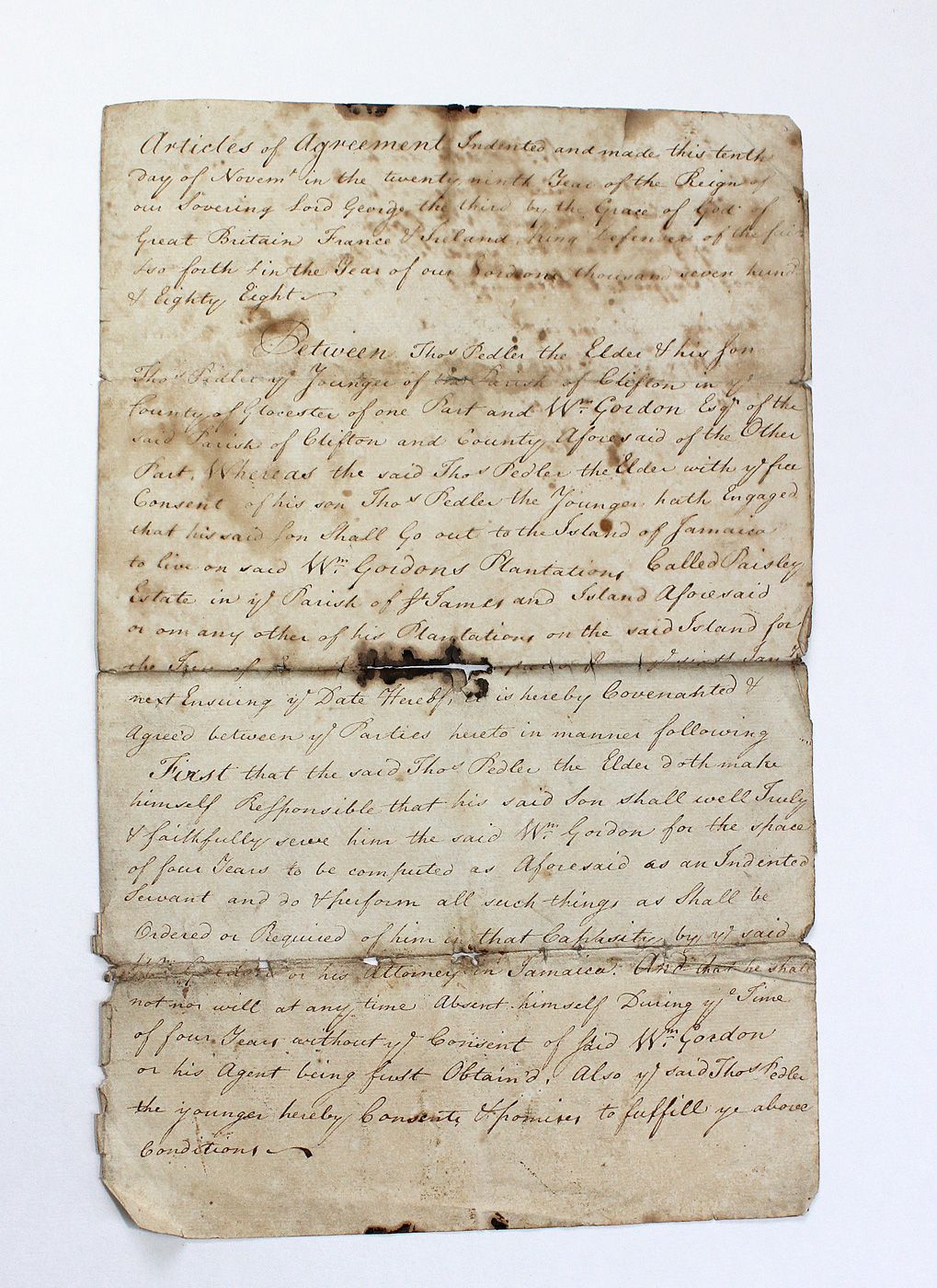 An Original Handwritten Document in Relation to an Agreement for an Individual to be an indentured servant on the Paisley Plantation in Jamaica