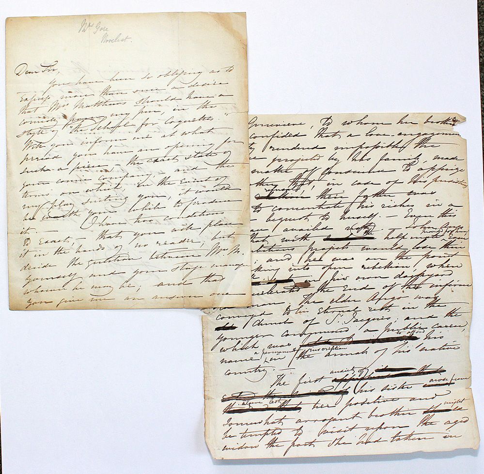 An Original Written and Signed Letter and Manuscript by Writer Catherine Gore to Theatre Manager Charles James Mathews, Theatre Royal, Covent Garden