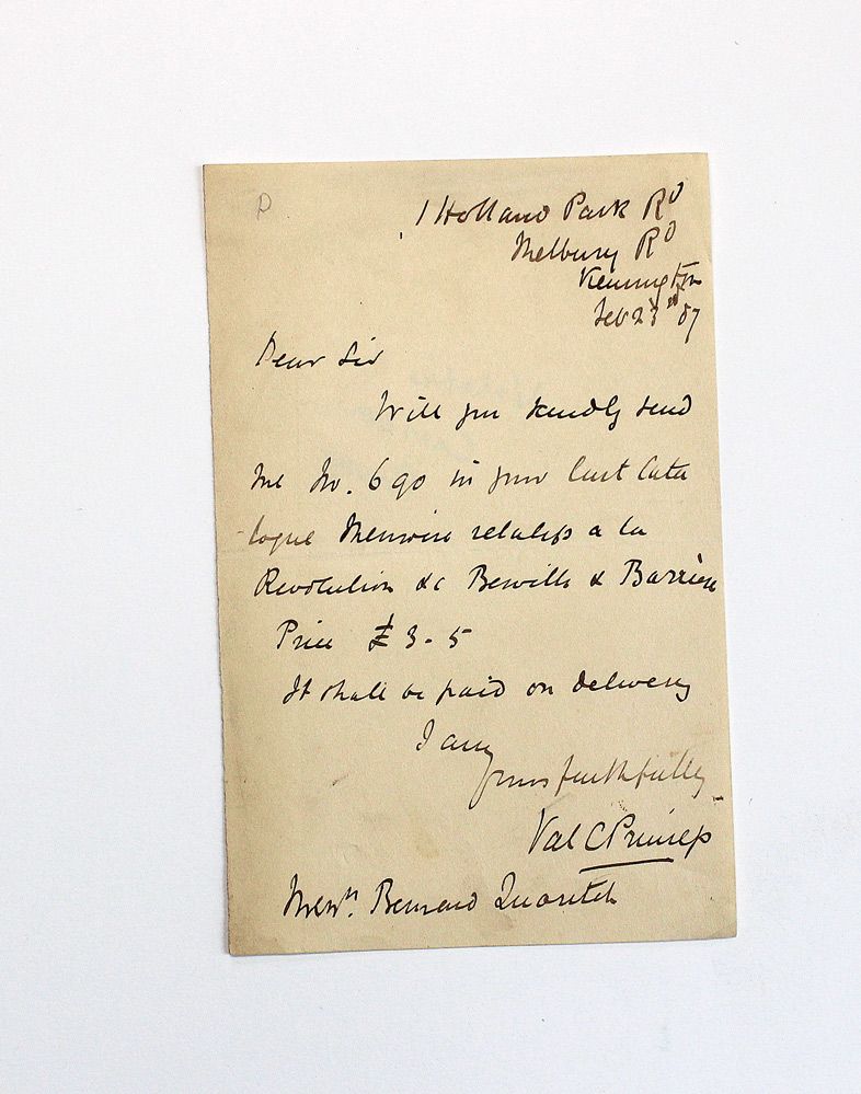 An Original Handwritten and Signed Letter by Pre Raphaelite Artist Valentine Cameron Prinsep to Bookseller Bernard Quaritch