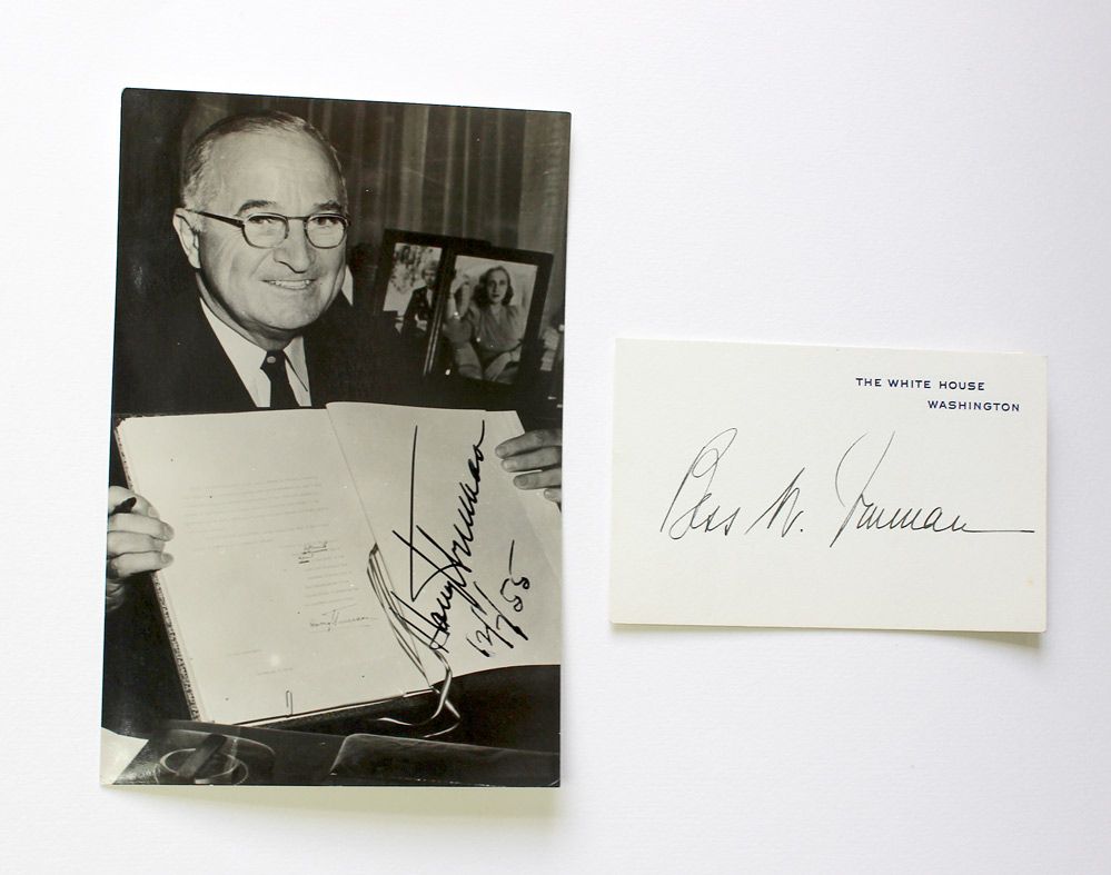 An Original Signed Photograph of US President Harry S. Truman and a Signed White House card by His Wife Bess W. Truman