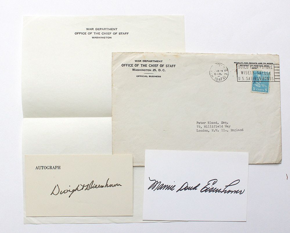 Two Original Autographed Index Cards of US President Dwight D. Eisenhower and his wife Marnie Doud Eisenhower, with an Original Envelope from the War Department Office of the Chief of Staff Washington
