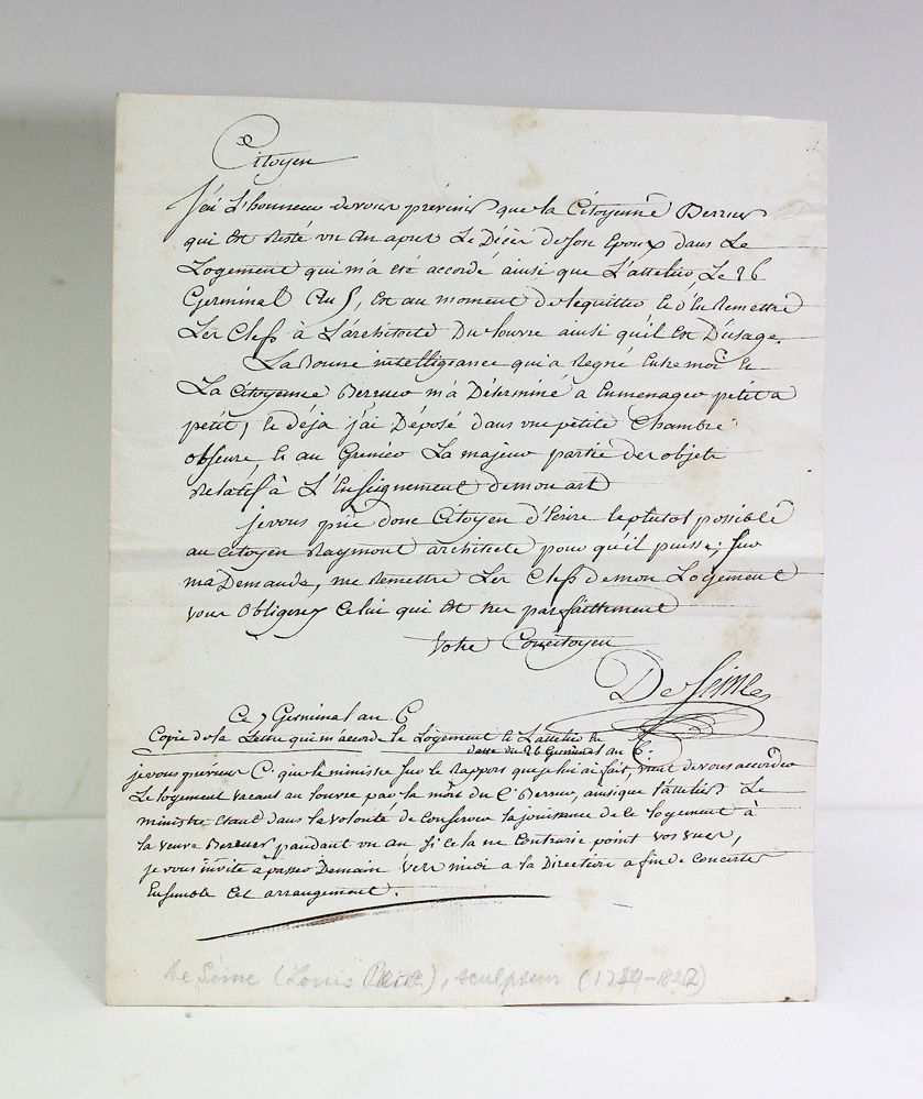 An Original Handwritten and Signed Letter from French Sculptor Louis-Pierre Deseine