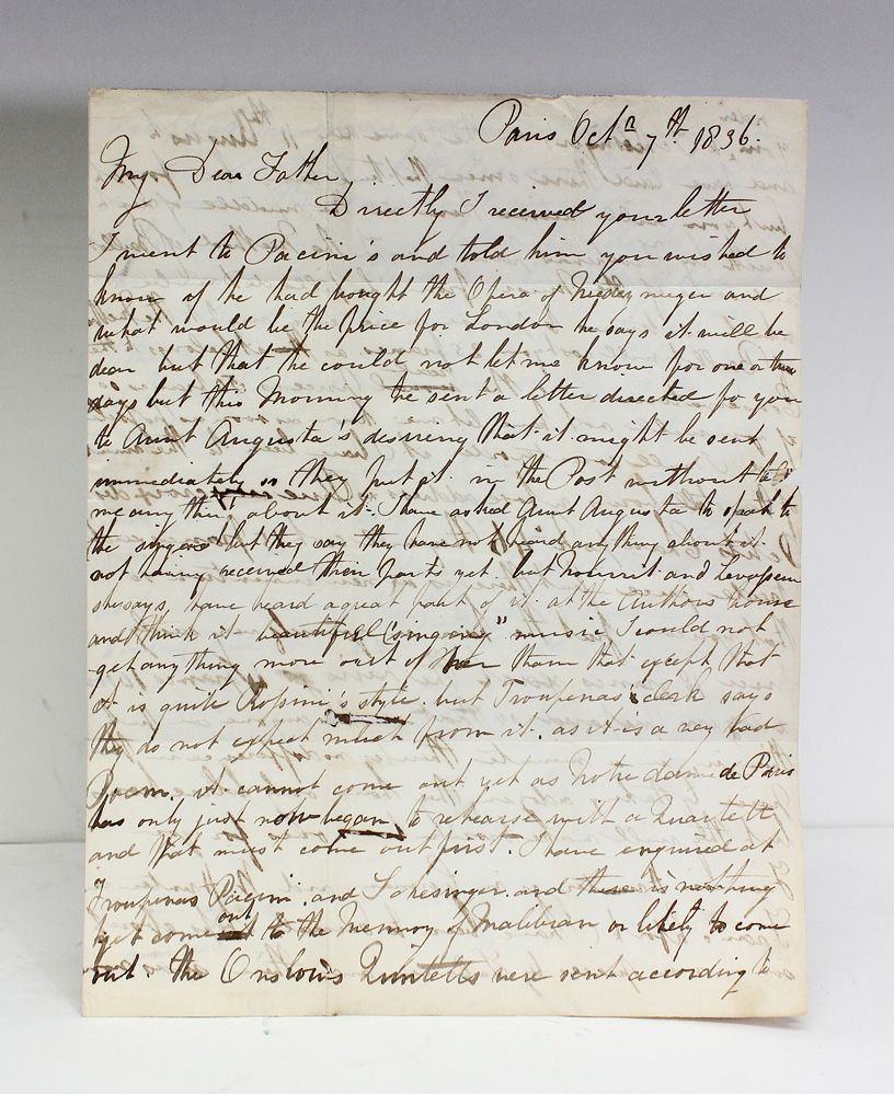 An Original Handwritten and Signed Letter from Composer Frank Mori to His father Violinist Nicolas Mori Discussing Giovanni Pacini and the death of Maria Malibran
