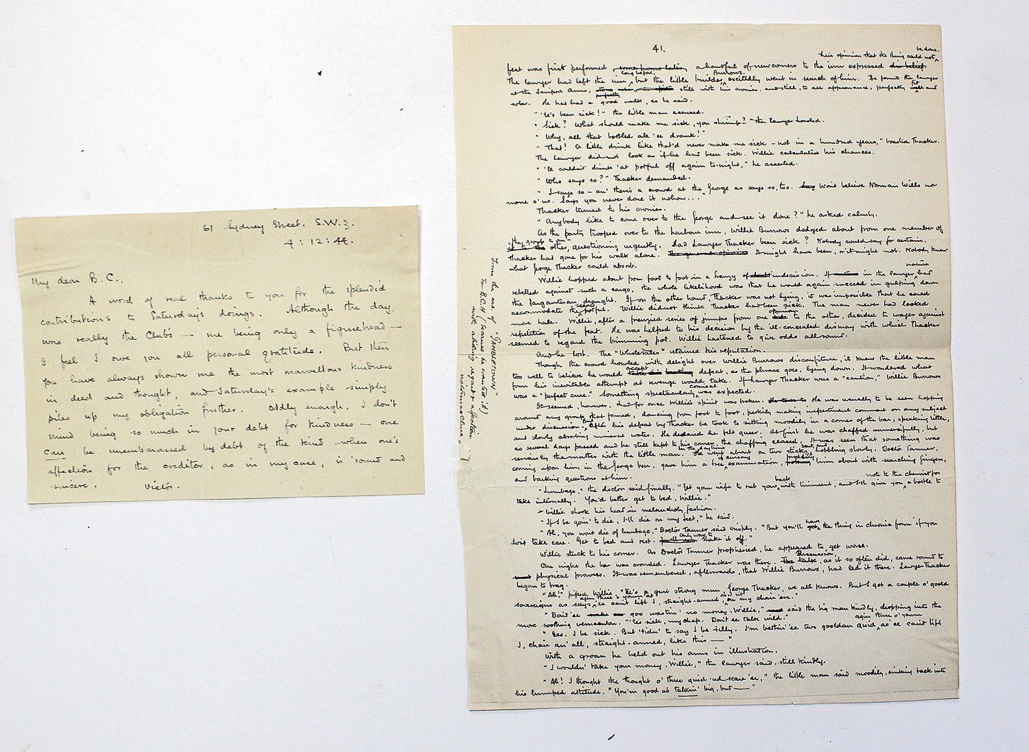 An Original Handwritten and Signed Letter and Manuscript Page from His Novel ‘ Gambletown’ by Crime Writer Victor MacClure.