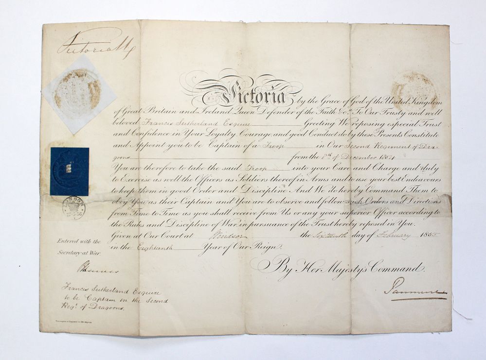 An Original Military Commission for the Promotion to Captain for Captain Francis Sutherland, 2nd Dragoons, who was present as a Troop Leader in the Charge of the Heavy Brigade at Balaklava in October