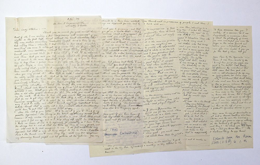 An Original Handwritten and Signed Two-Sided Letter and Three Pages of Manuscript from Needlework Writer and Expert Marion Stoll to Ottoline Morrell