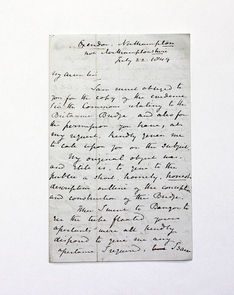 An Original Handwritten and Signed Letter from Sir Francis Bond Head discussing the Britannia bridge and its Construction in Wales.