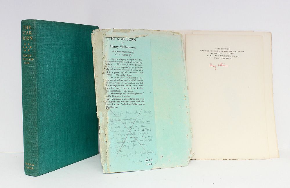 The Star Born - From the library of Henry Williamson and His Family. Includes a loose signed set of sheets for the limited edition, a 2nd imp wrapper with annotations to the rear flap,