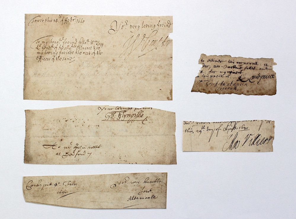 A group of 5 Ink Signatures of Royalist soldiers who fought in the 1st Civil War. They include  2nd Viscount Molyneux of Maryborough,  George Monck, 1st Duke of Albemarle, Sir William Compton, ETC