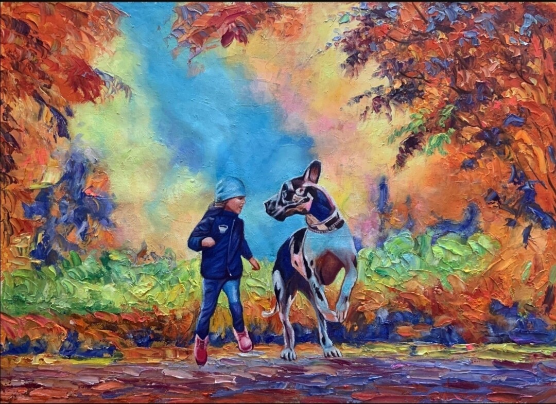 Kindred Spirit Great Dane &amp; Child Oil Print (A3)