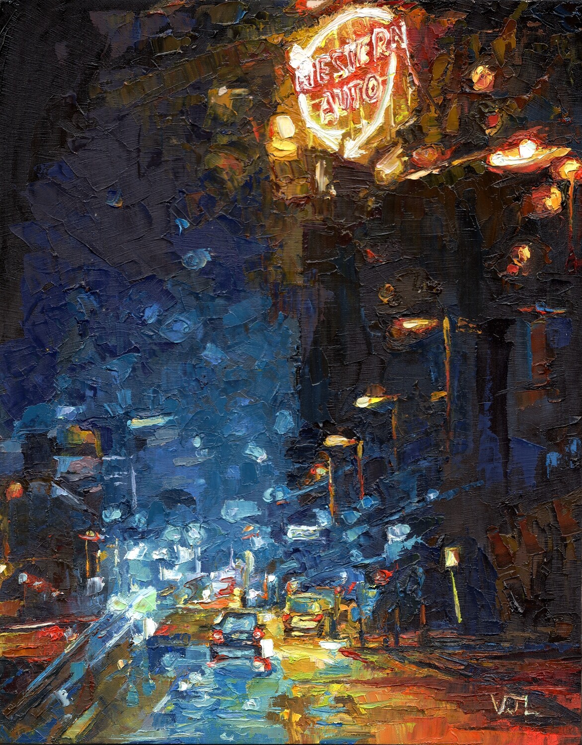 Western Auto over Rainy Street