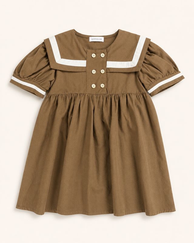 Mocha: Mocha girls’ sailor dress with ivory trim, puff sleeves and buttoned bodice