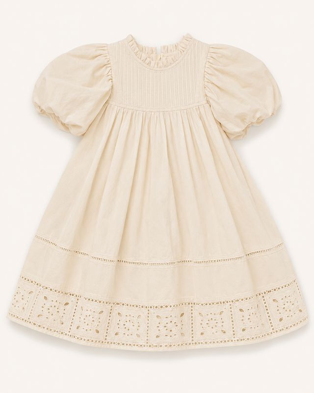 Giovelle Apricot girls’ dress with puff sleeves, pintucked bodice and embroidered eyelet hem