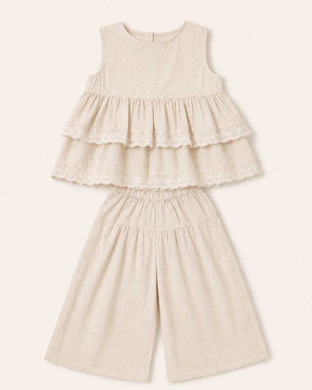 Ivory speckle two-piece set with tiered eyelet top and wide-leg trousers
