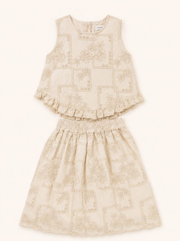 Beige embroidered girls’ set with sleeveless ruffle-hem top and gathered skirt