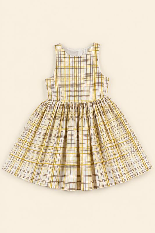 Cream girls’ check dress with mustard-brown plaid and full gathered skirt