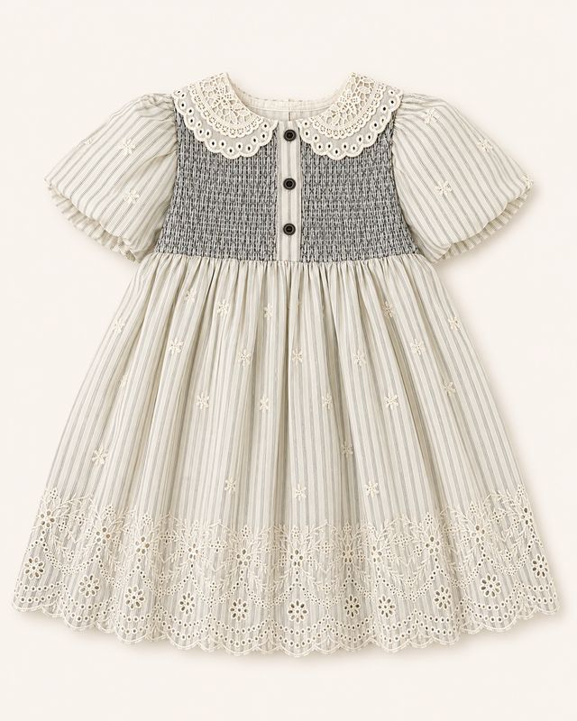 Ivory striped girls’ dress with charcoal smocked back and scalloped embroidered hem