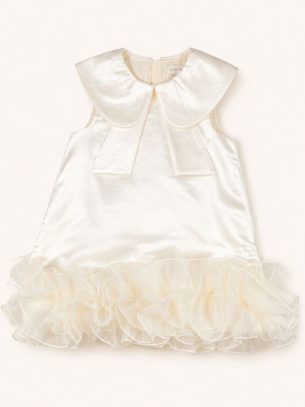 Apricot sleeveless dress with oversized rounded collar and layered ruffled hem