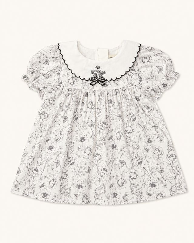 White girls’ cotton dress with grey botanical print, puff sleeves and embroidered scalloped collar