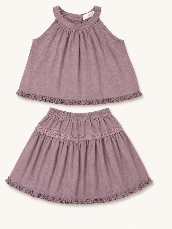 Lavender-mauve girls’ two-piece set with sleeveless gathered top and crochet-trim skirt