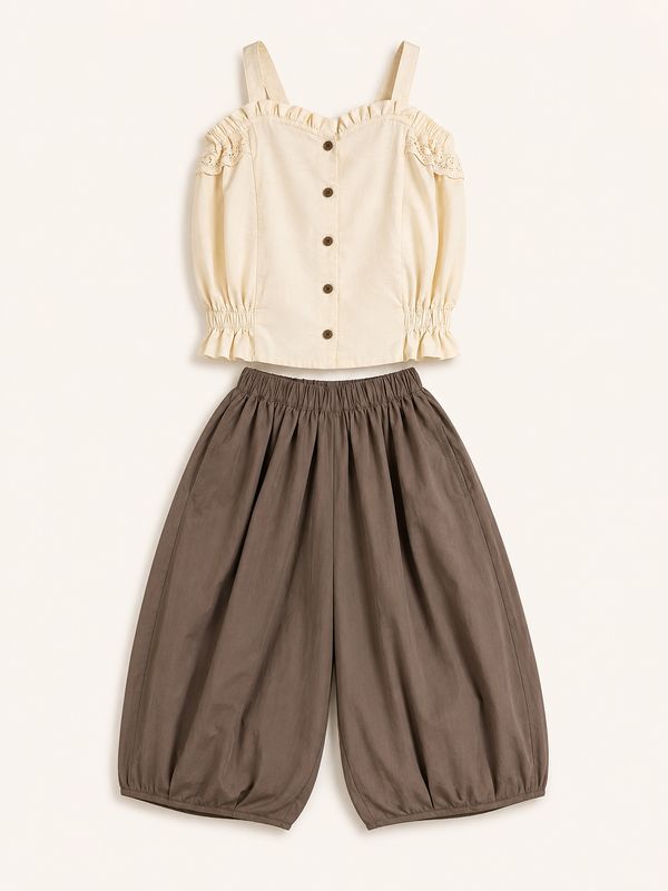 Ivory lace-shoulder girls’ blouse with taupe balloon culottes and elasticated waist
