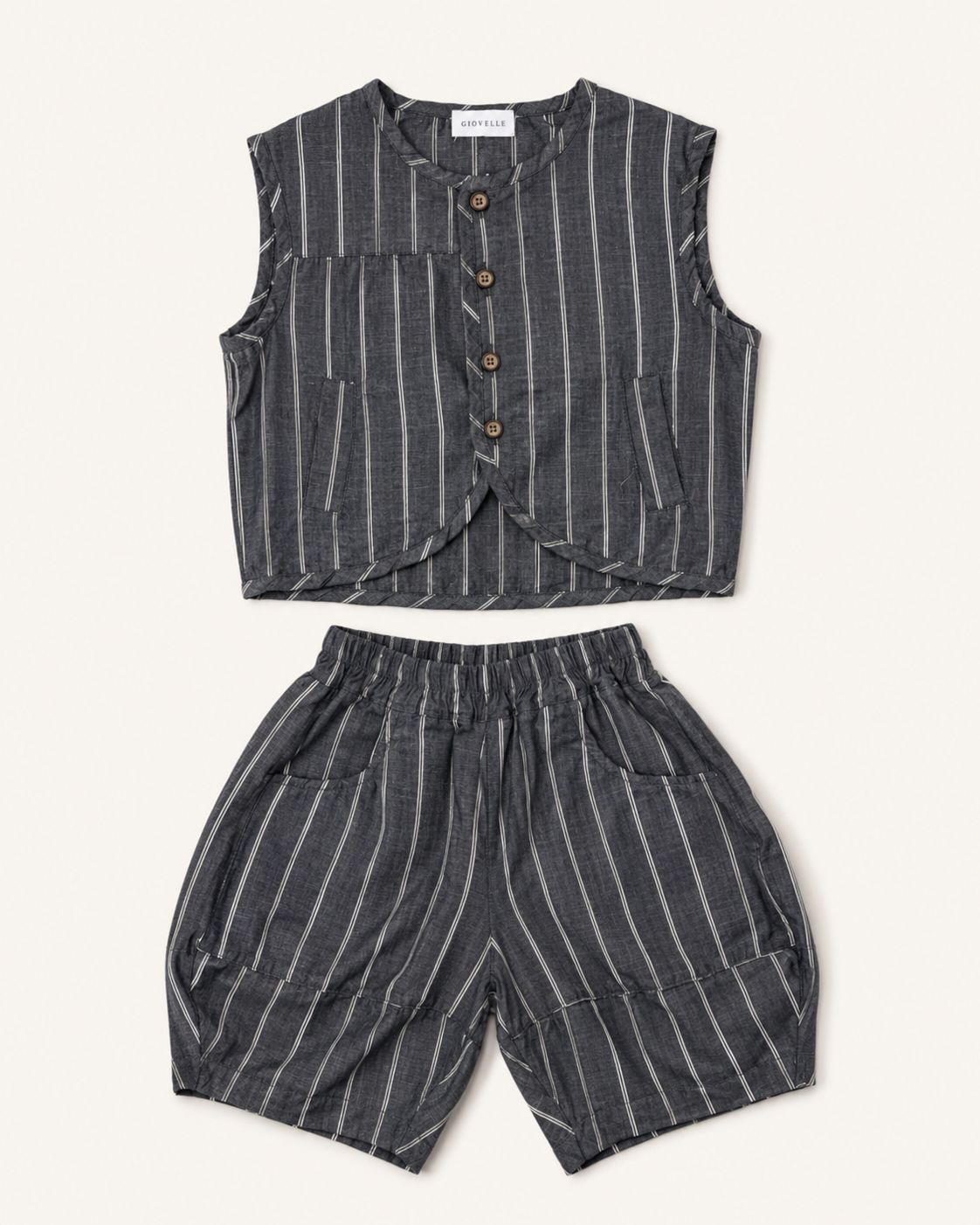 The Elian Stripe Set, a pinstripe waistcoat top and shorts for boys
